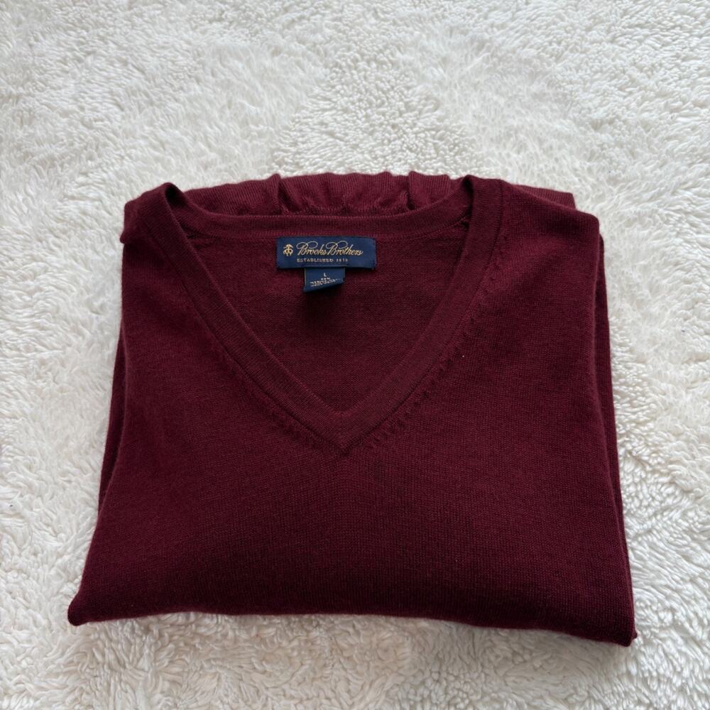 Brooks Brothers Mens Merino Wool Burgundy VNeck Sweater L Business Career Wear
